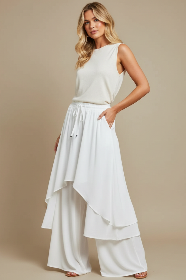 Pantalon Jupe Blanc Fluide Superposé Élégant Chic - Polyester