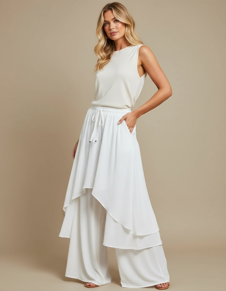 Pantalon Jupe Blanc Fluide Superposé Élégant Chic - Polyester