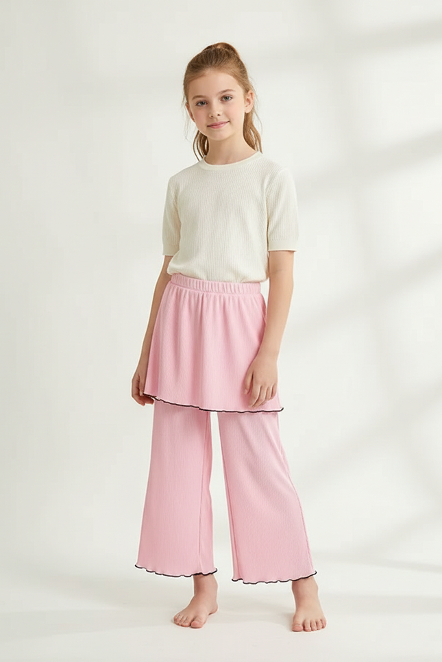 Pantalon Jupe Rose Côtelé Ondulé Ample Fille - Maille