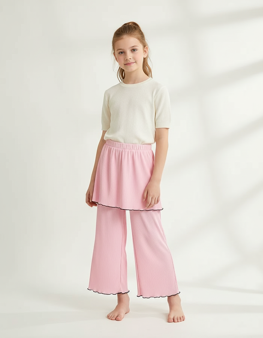 Pantalon Jupe Rose Côtelé Ondulé Ample Fille - Maille