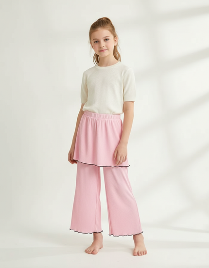 Pantalon Jupe Rose Côtelé Ondulé Ample Fille - Maille