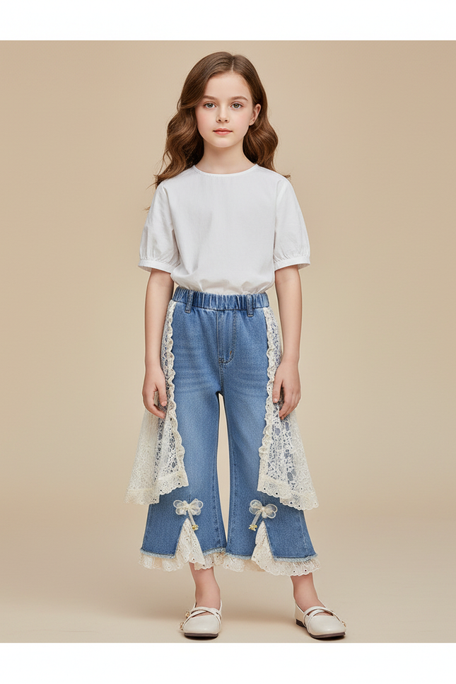 Pantalon Jupe Denim Bleu Dentelle Évasé Fille - Jean