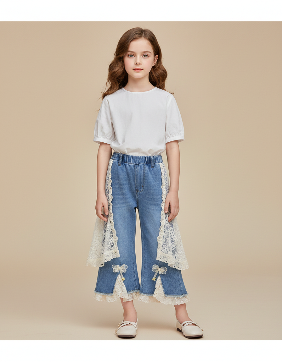 Pantalon Jupe Denim Bleu Dentelle Évasé Fille - Jean
