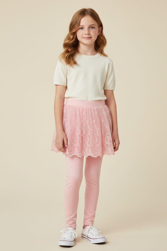 Pantalon Jupe Rose Dentelle Tulle Intégrée Fille - Coton