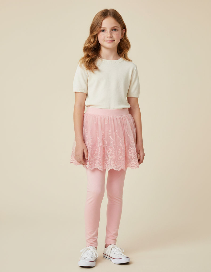 Pantalon Jupe Rose Dentelle Tulle Intégrée Fille - Coton