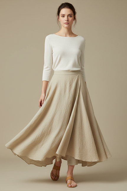 Pantalon Jupe Beige Lin Ample Plissé Élégant Femme