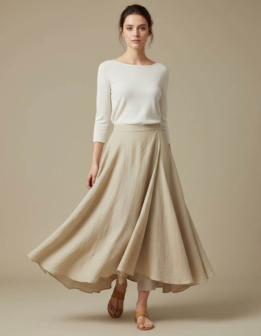 Pantalon Jupe Beige Lin Ample Plissé Élégant Femme