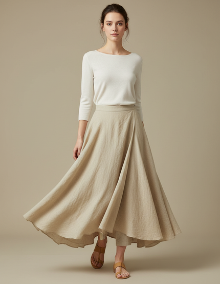 Pantalon Jupe Beige Lin Ample Plissé Élégant Femme