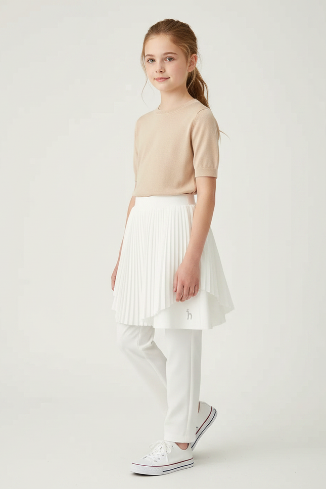 Pantalon Jupe Blanc Plissé Superposé Sportif Enfant - Polyester