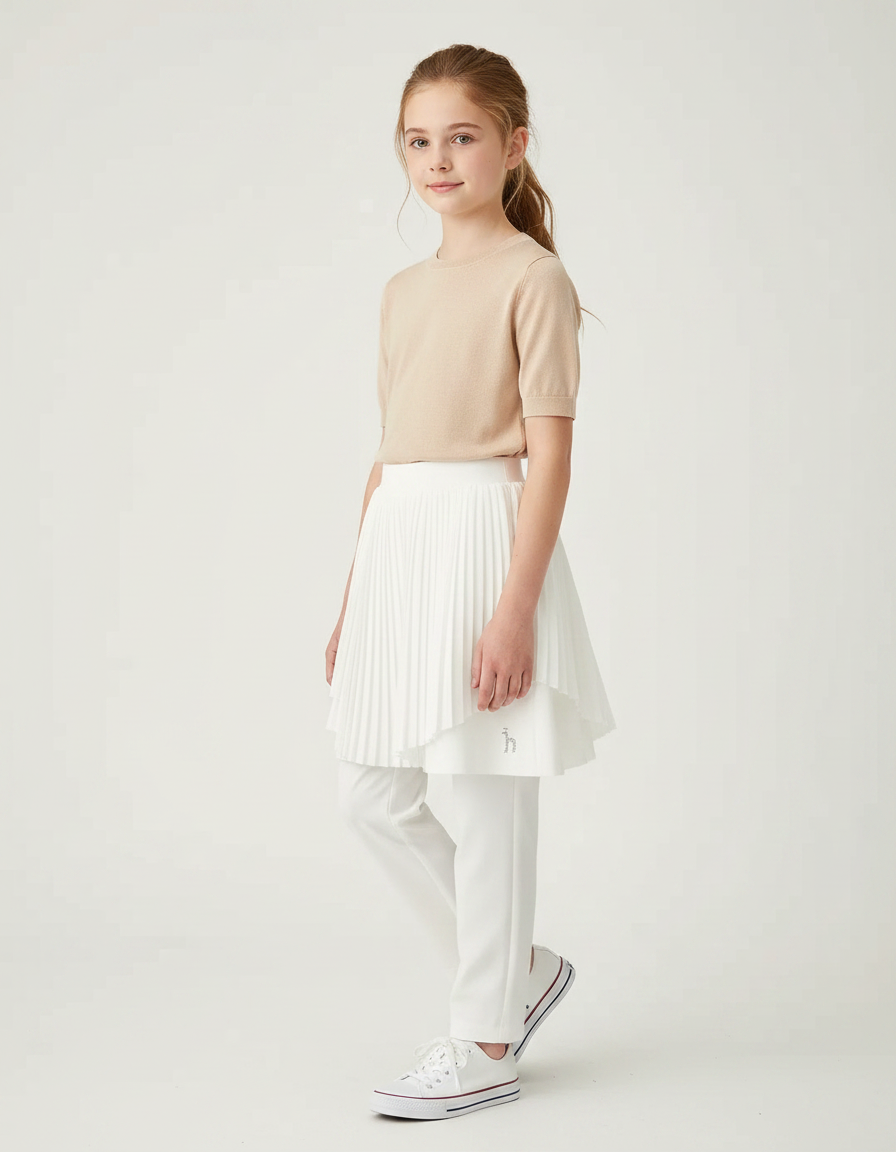 Pantalon Jupe Blanc Plissé Superposé Sportif Enfant - Polyester