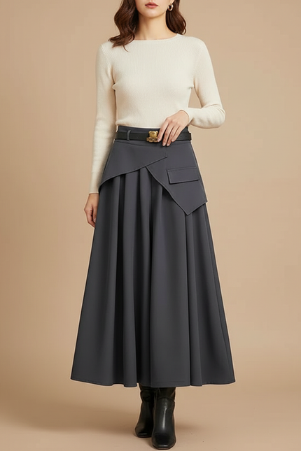 Pantalon Jupe Gris Plissé Asymétrique Longue Élégante - Polyester