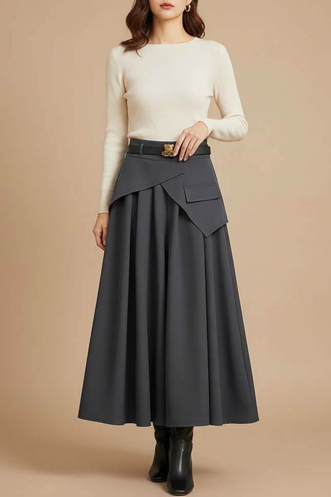 Pantalon Jupe Gris Plissé Asymétrique Longue Élégante - Polyester