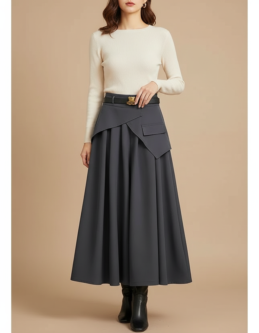 Pantalon Jupe Gris Plissé Asymétrique Longue Élégante - Polyester
