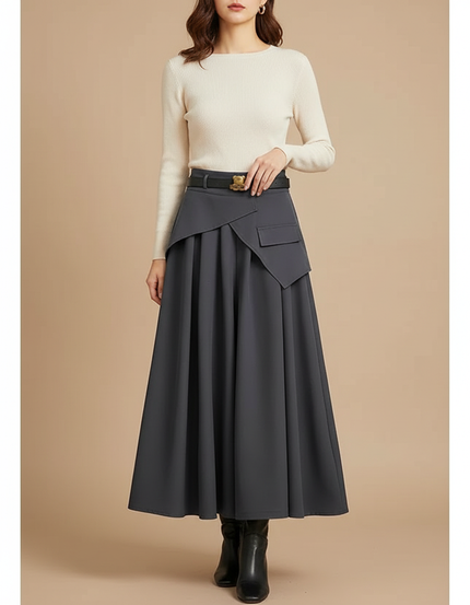 Pantalon Jupe Gris Plissé Asymétrique Longue Élégante - Polyester