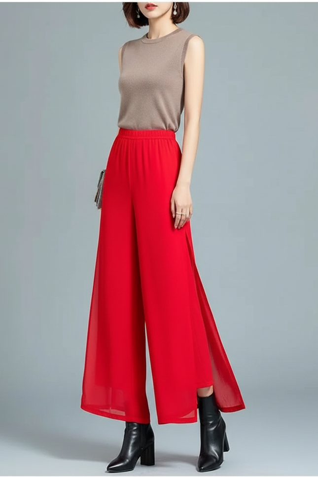 Pantalon Jupe Rouge Fluide Fendu Large Chiffon Élégant - Polyester