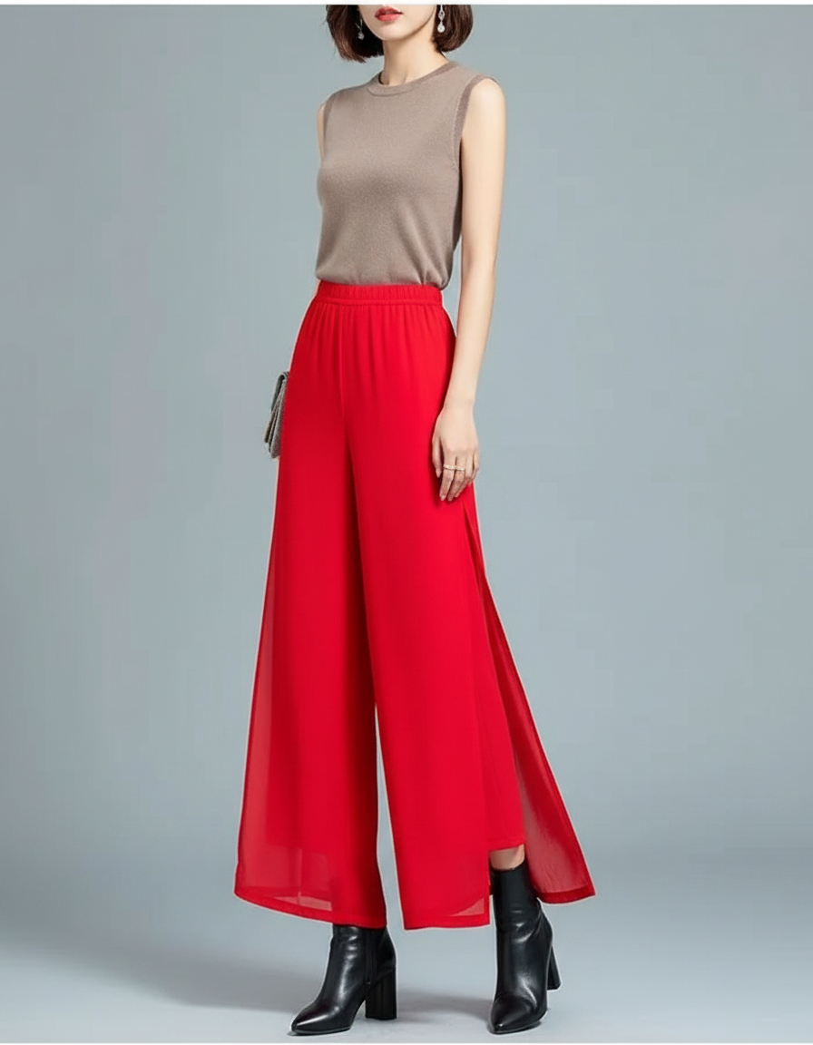Pantalon Jupe Rouge Fluide Fendu Large Chiffon Élégant - Polyester