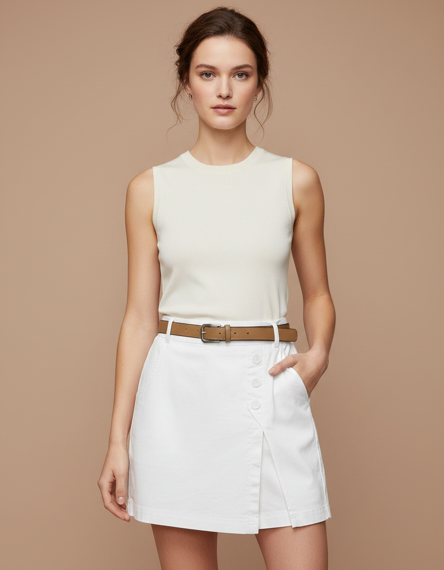 Pantalon Jupe Blanc Ceinturé Boutons Latéraux Décontracté - Coton