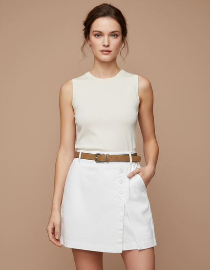 Pantalon Jupe Blanc Ceinturé Boutons Latéraux Décontracté - Coton