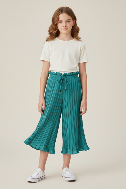 Pantalon Jupe Plissé Vert Ample Fille Décontracté - Polyester