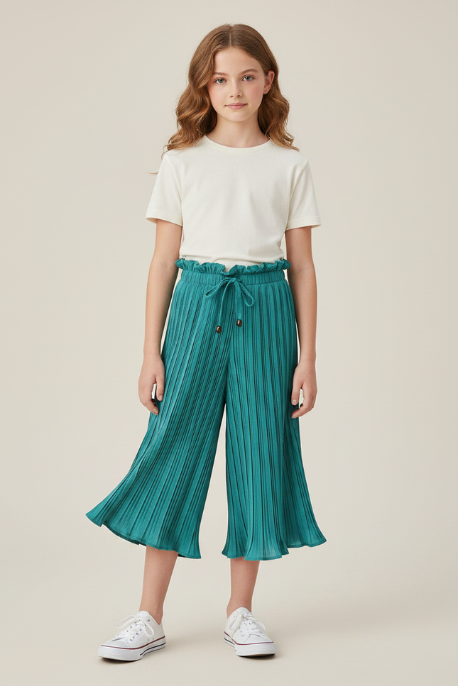 Pantalon Jupe Plissé Vert Ample Fille Décontracté - Polyester