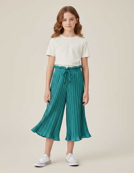 Pantalon Jupe Plissé Vert Ample Fille Décontracté - Polyester