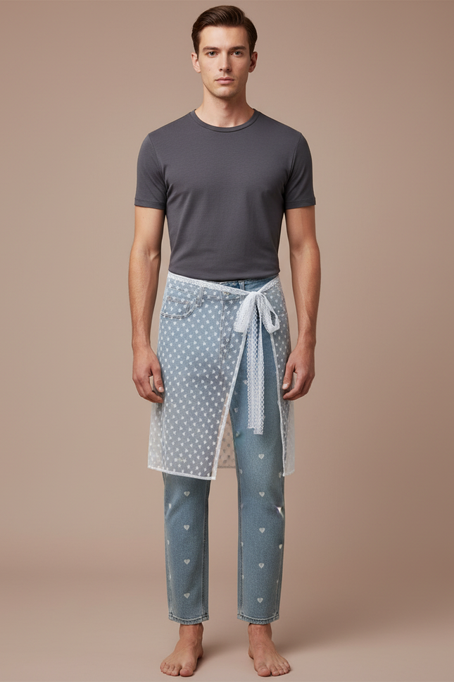 Pantalon Jupe Jean Blanc Transparent Cœurs Dentelle - Bleu