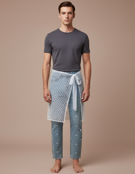 Pantalon Jupe Jean Blanc Transparent Cœurs Dentelle - Bleu