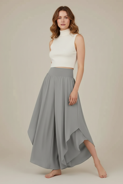 Pantalon Jupe Gris Fluide Ample Irrégulier Élégant - Polyester