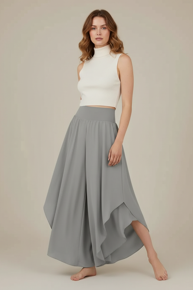 Pantalon Jupe Gris Fluide Ample Irrégulier Élégant - Polyester