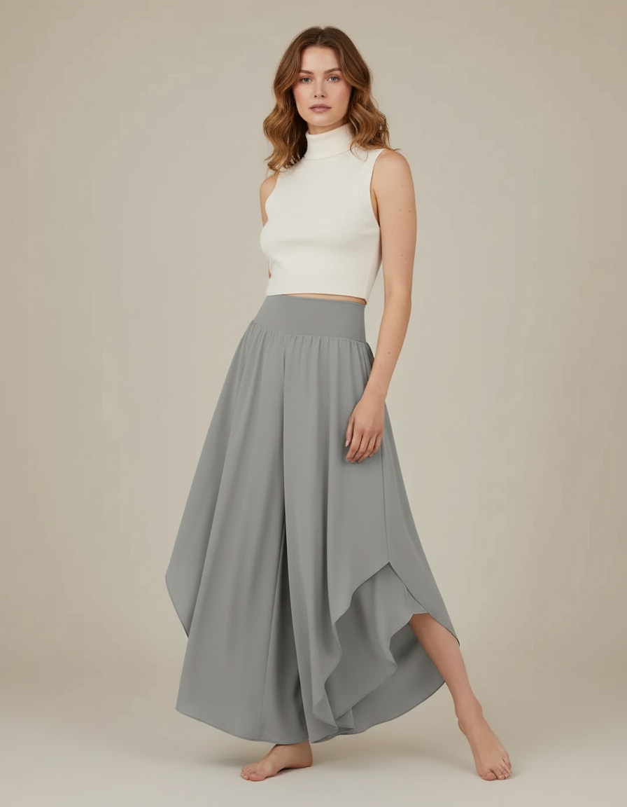 Pantalon Jupe Gris Fluide Ample Irrégulier Élégant - Polyester