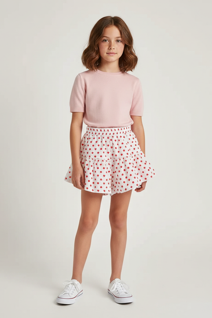 Pantalon Jupe Blanc Coton Volants Cœurs Fille