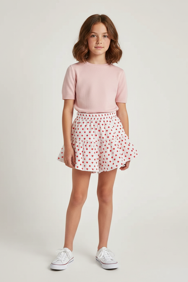 Pantalon Jupe Blanc Coton Volants Cœurs Fille