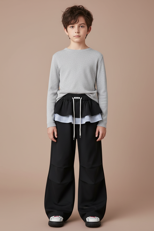 Pantalon Jupe Noir Ample Superposé Garçon - Polyester