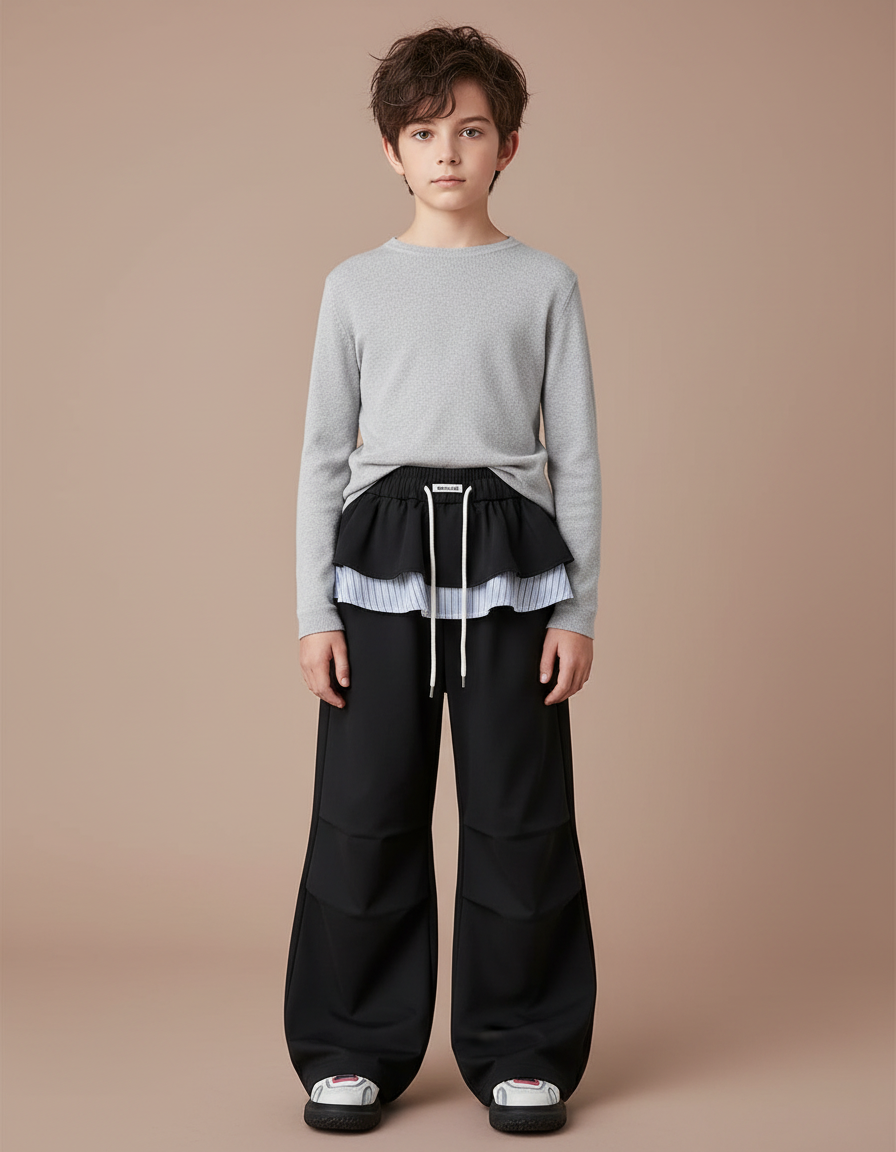 Pantalon Jupe Noir Ample Superposé Garçon - Polyester