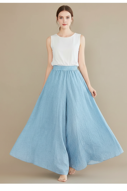 Pantalon Jupe Ample Coton Lin Fluide Bleu Clair