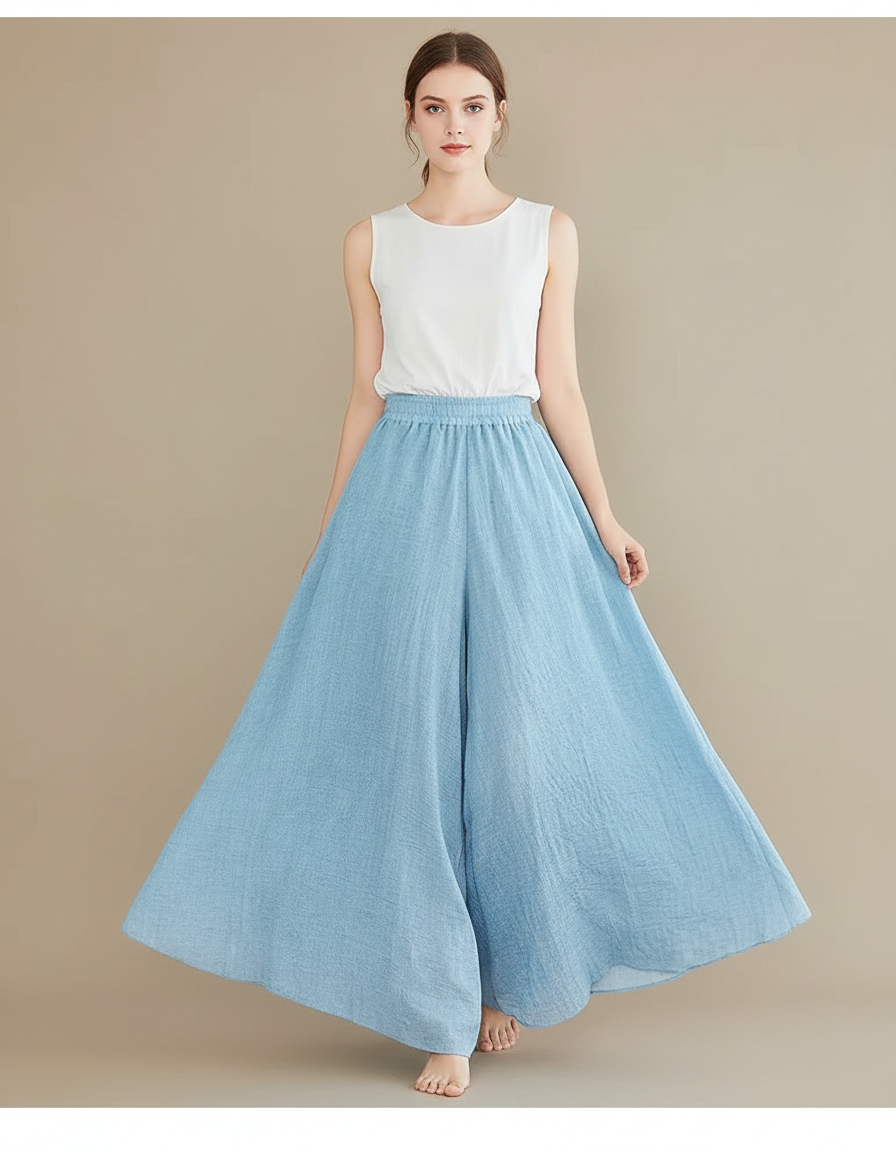 Pantalon Jupe Ample Coton Lin Fluide Bleu Clair