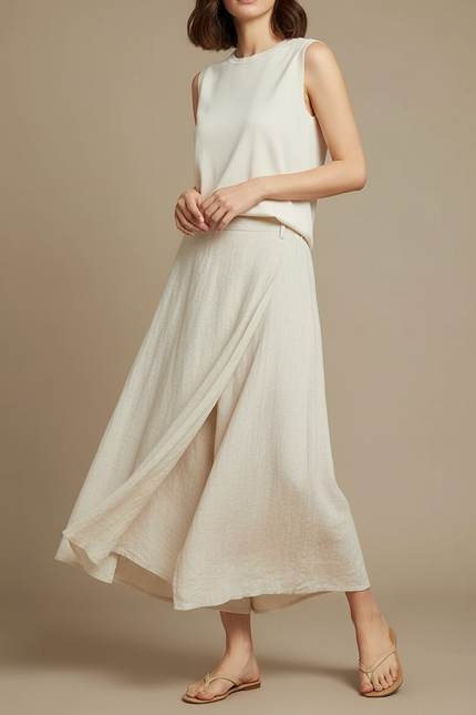 Pantalon Jupe Lin Coton Ample Fendu Beige Décontracté