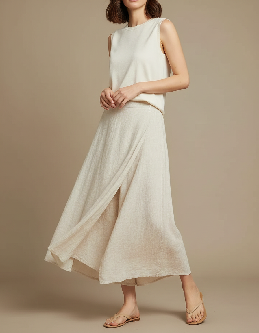 Pantalon Jupe Lin Coton Ample Fendu Beige Décontracté