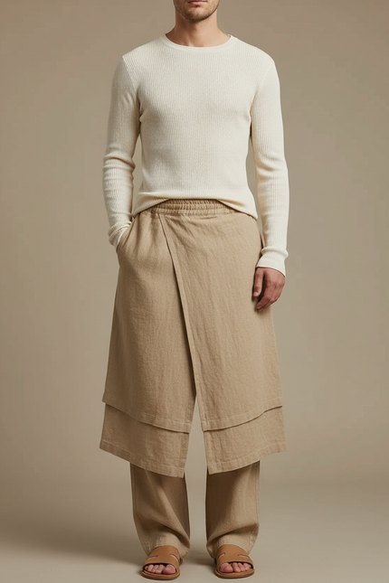 Pantalon Jupe Beige Lin Ample Asymétrique Homme