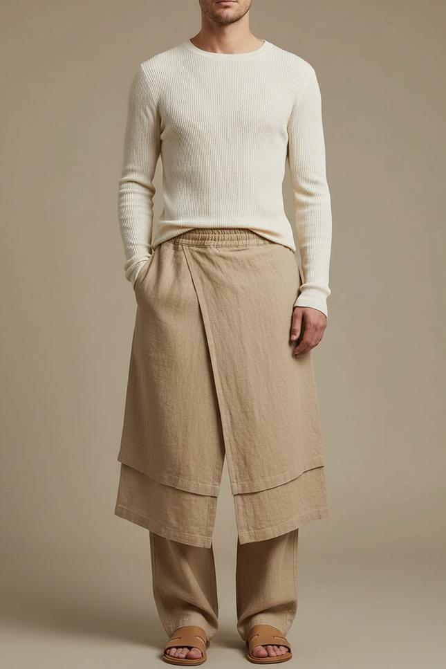 Pantalon Jupe Beige Lin Ample Asymétrique Homme