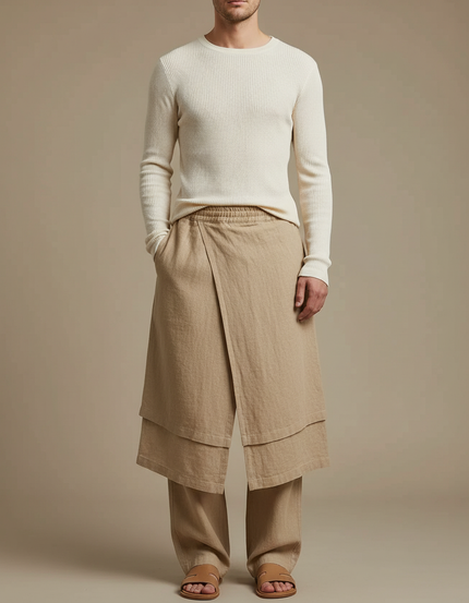 Pantalon Jupe Beige Lin Ample Asymétrique Homme