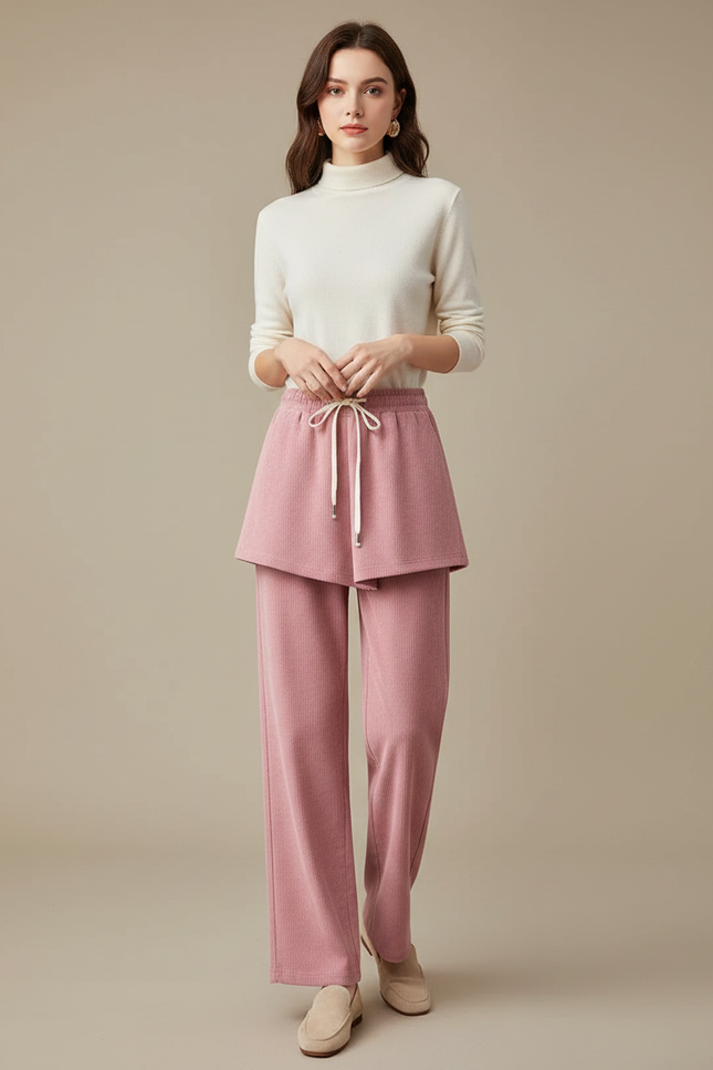 Pantalon Jupe Rose Côtelé Ample Superposé Femme - Cordé