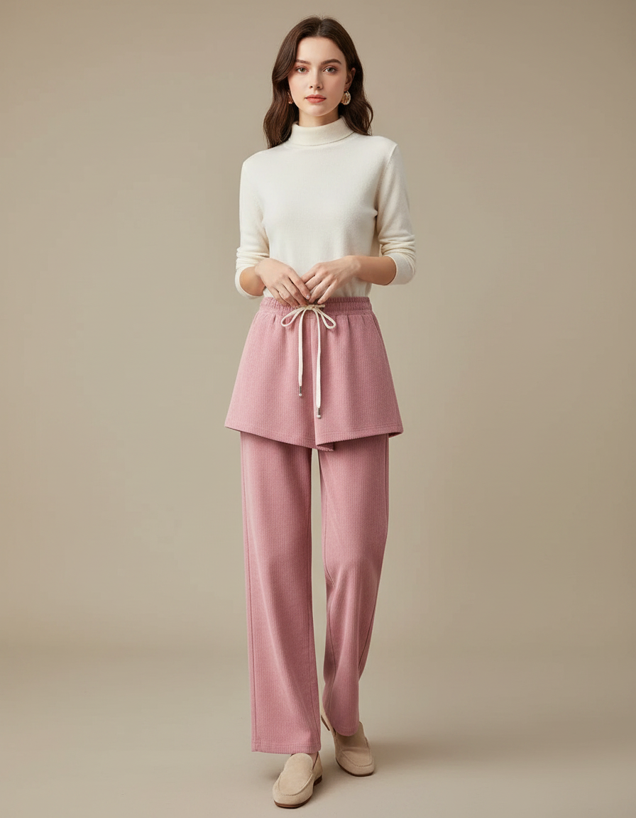 Pantalon Jupe Rose Côtelé Ample Superposé Femme - Cordé