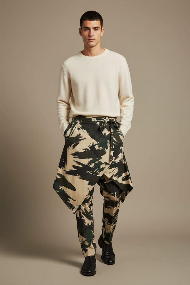 Pantalon Jupe Camouflage Asymétrique Homme Moderne Coton - Kaki