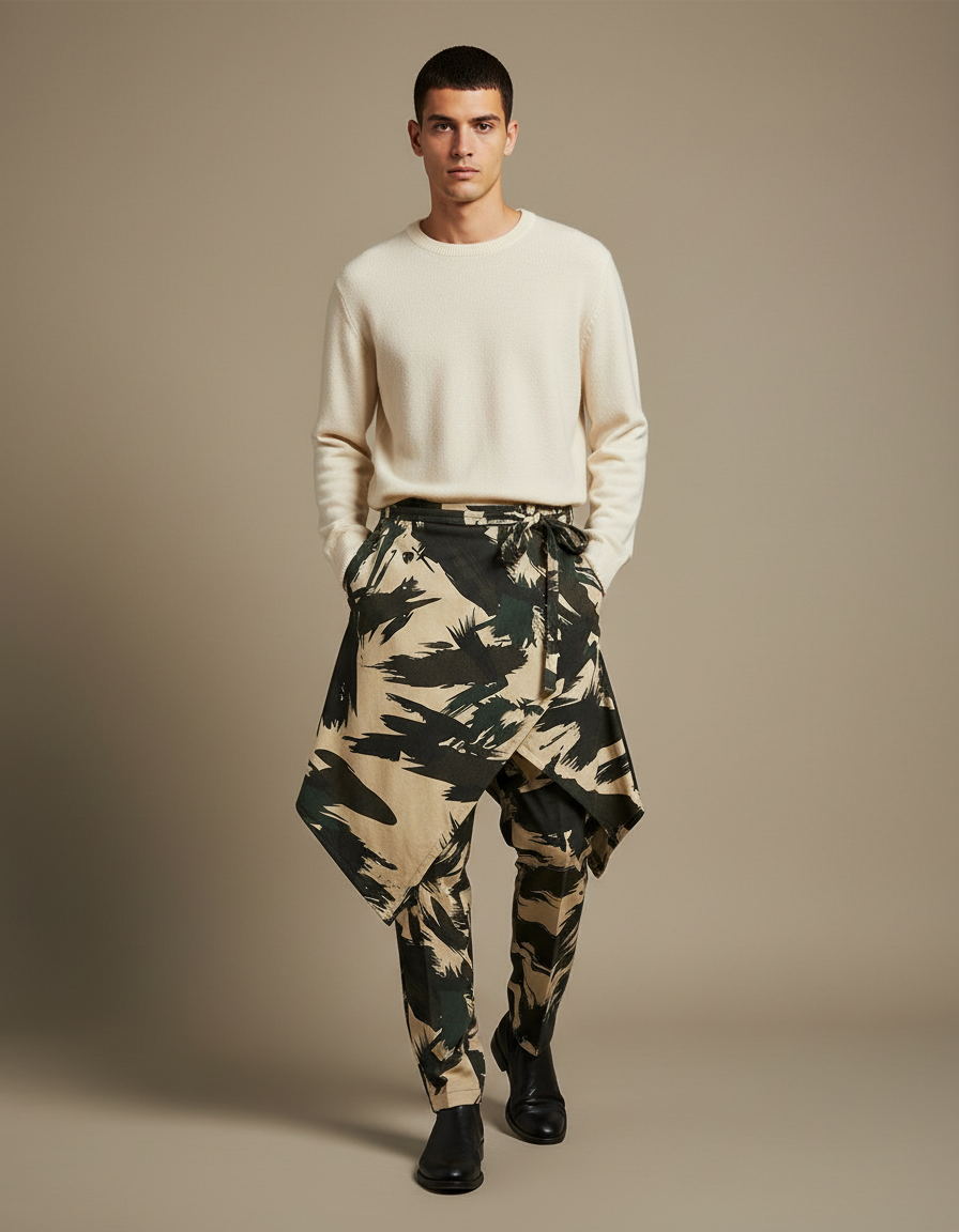 Pantalon Jupe Camouflage Asymétrique Homme Moderne Coton - Kaki