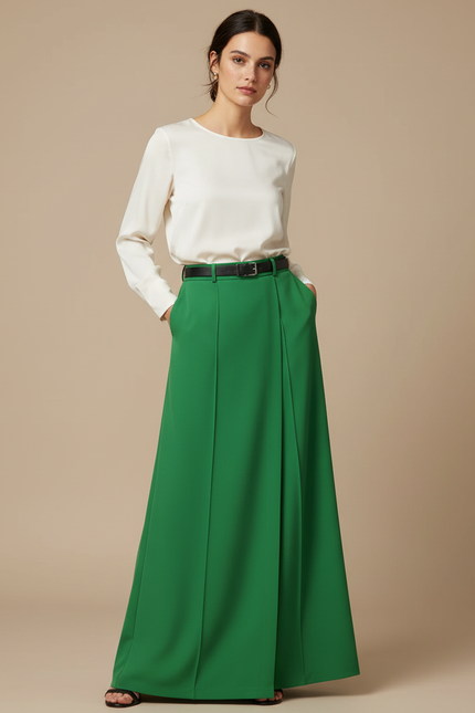 Pantalon Jupe Vert Plissé Long Élégant Fluide - Satin
