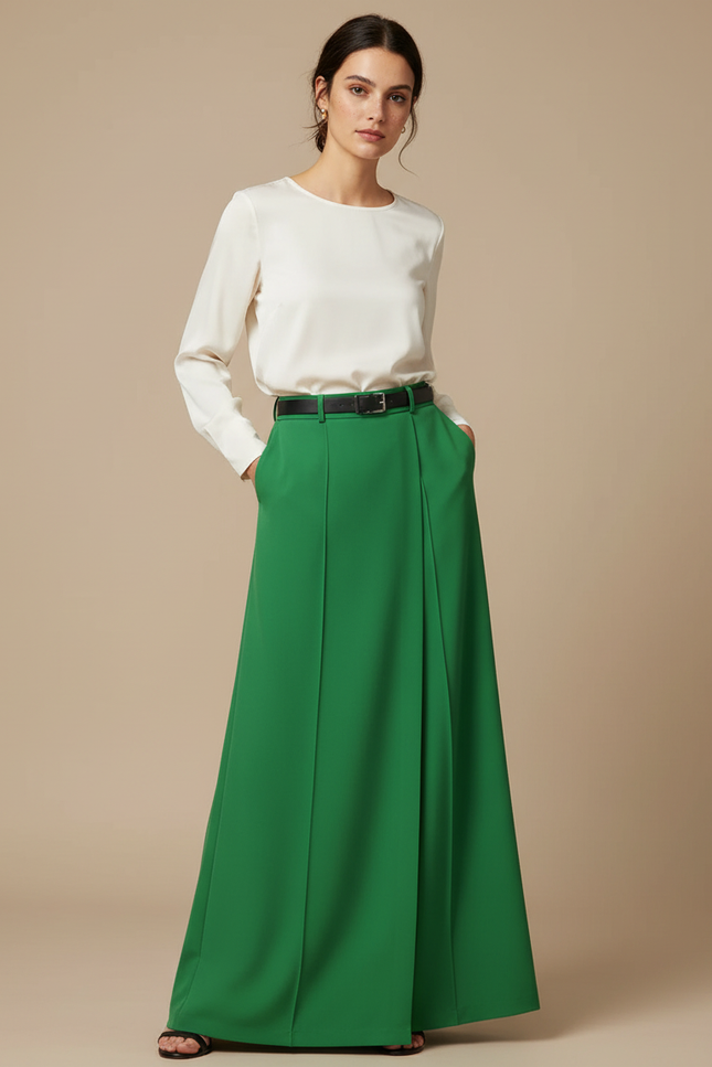 Pantalon Jupe Vert Plissé Long Élégant Fluide - Satin