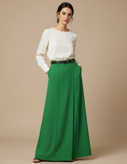 Pantalon Jupe Vert Plissé Long Élégant Fluide - Satin