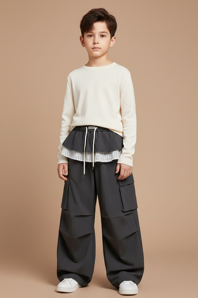 Pantalon Jupe Cargo Gris Ample Superposé Enfant - Polyester