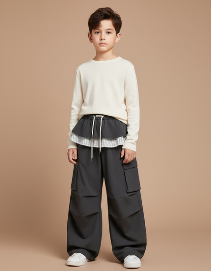 Pantalon Jupe Cargo Gris Ample Superposé Enfant - Polyester